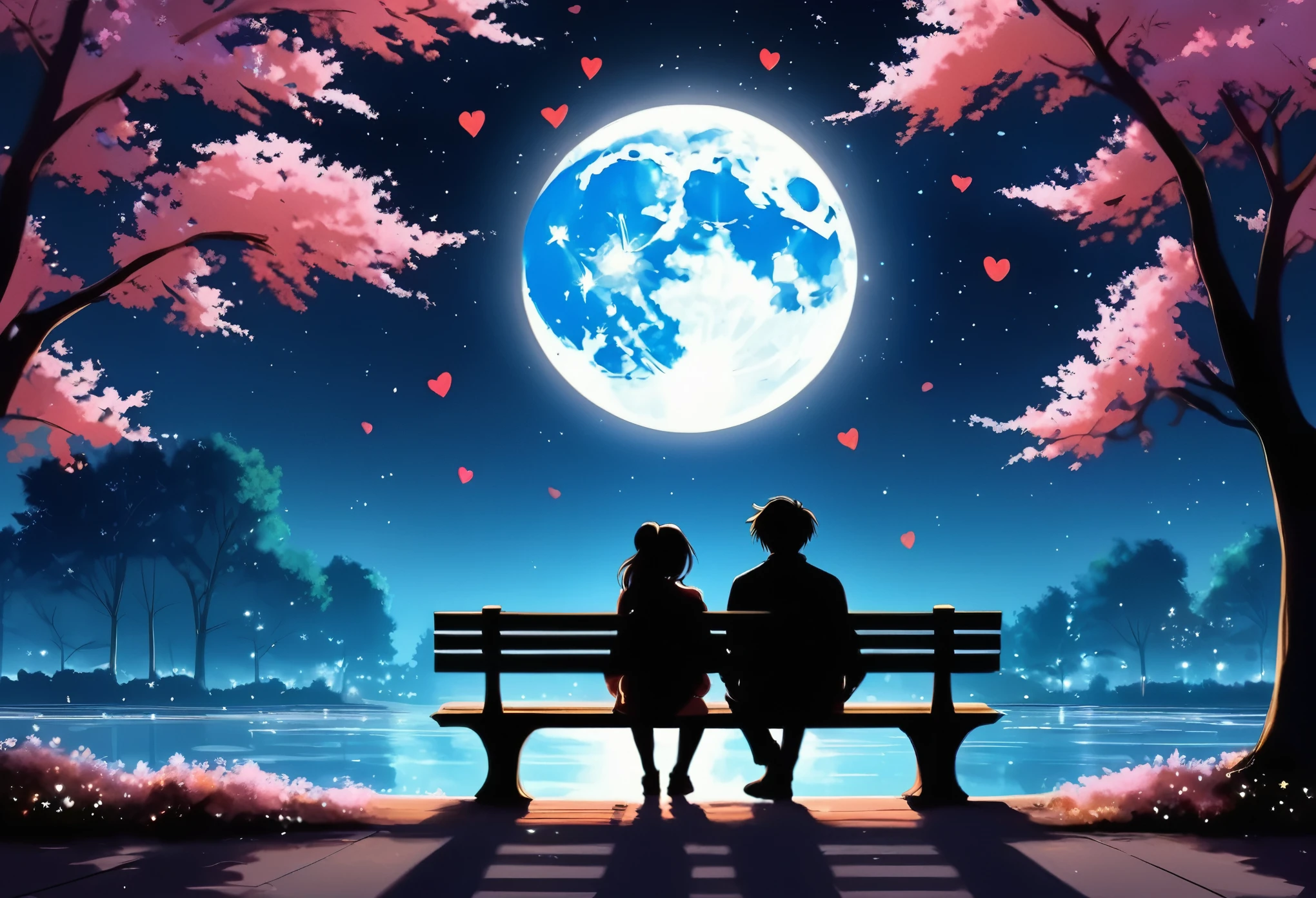 Back view, Anime style, a couple sitting on a bench in the park, at night, (Valentine mood :1.2), full moon, heart-shaped shadow on the moon