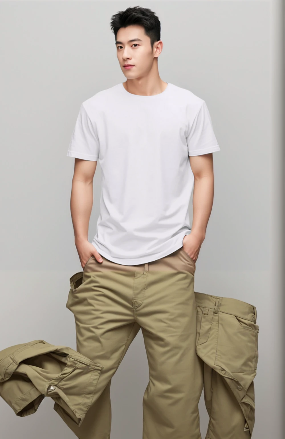 Khaki shorts, product photo, Medium wide angle front view, 3/4 Front view
