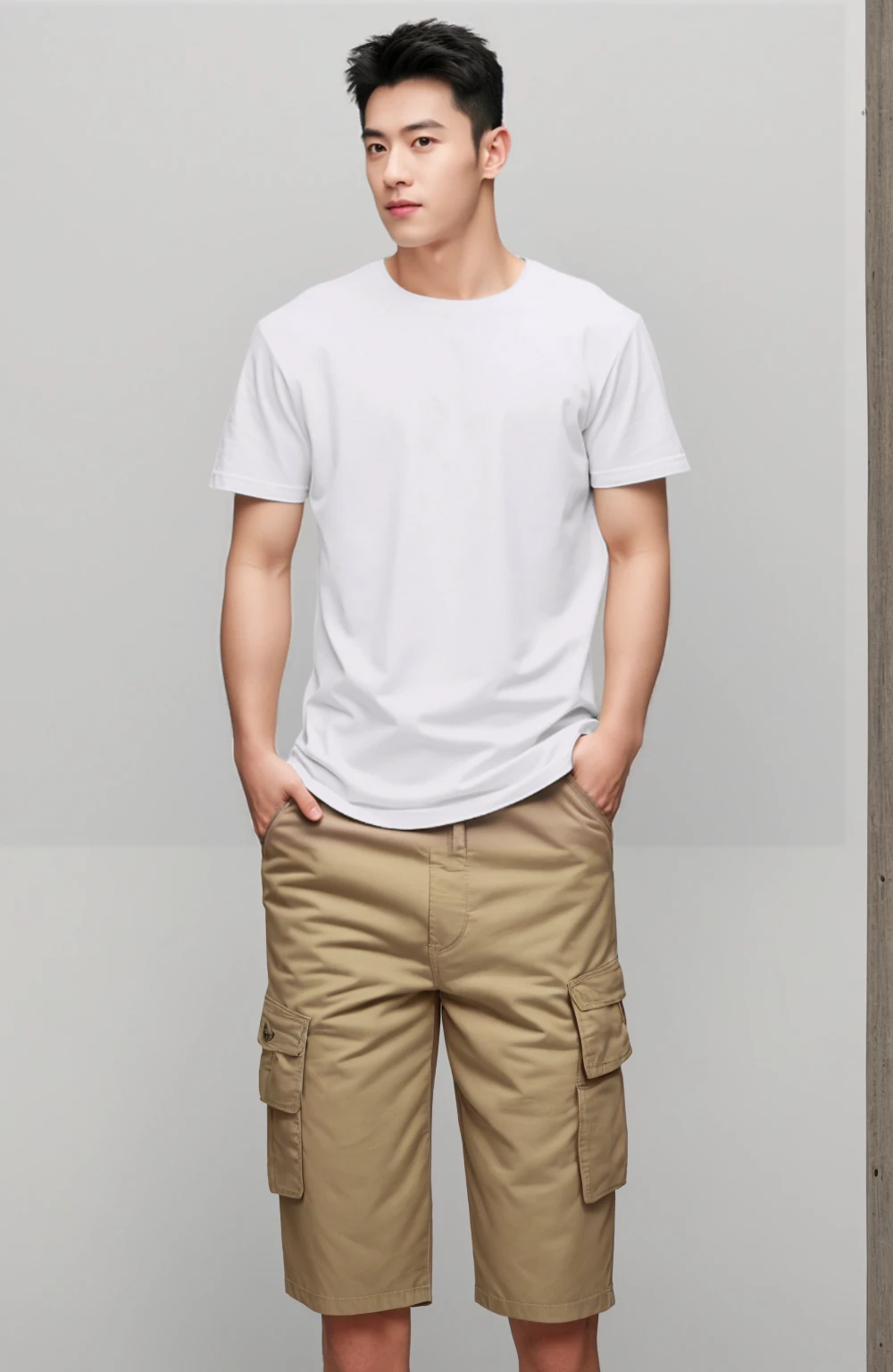 Khaki shorts, product photo, Medium wide angle front view, 3/4 Front view