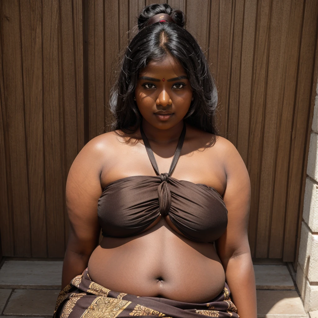 DARK SKIN WOMAN, SOUTH INDIAN, CHUBBY, PLUMP, OBESE, TIED HAIR, STRAPLESS