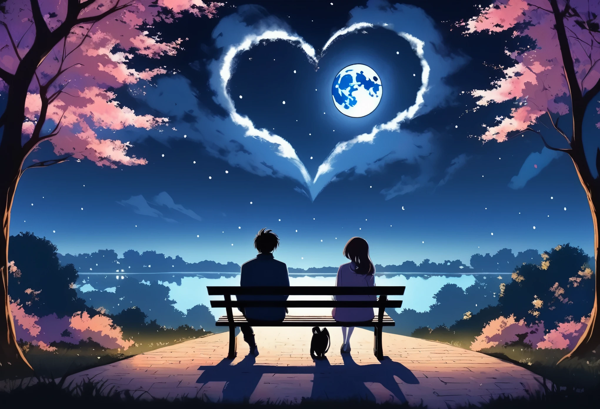 Back view, Anime style, a couple sitting on a bench in the park, at night, (Valentine mood :1.2), full moon, heart-shaped shadow on the moon