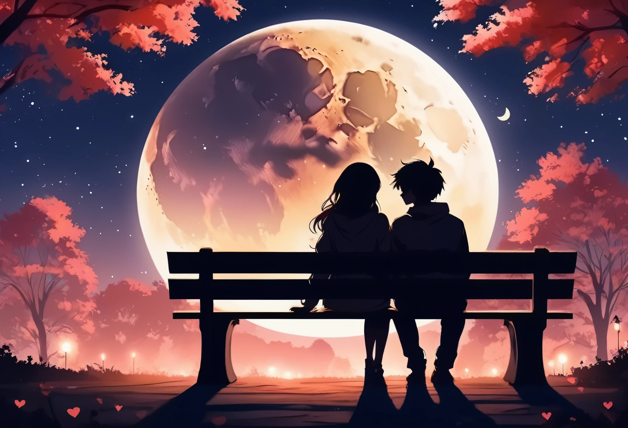 Back view, Anime style, a couple sitting on a bench in the park, at night, (Valentine mood :1.2), full moon, heart-shaped shadow on the moon