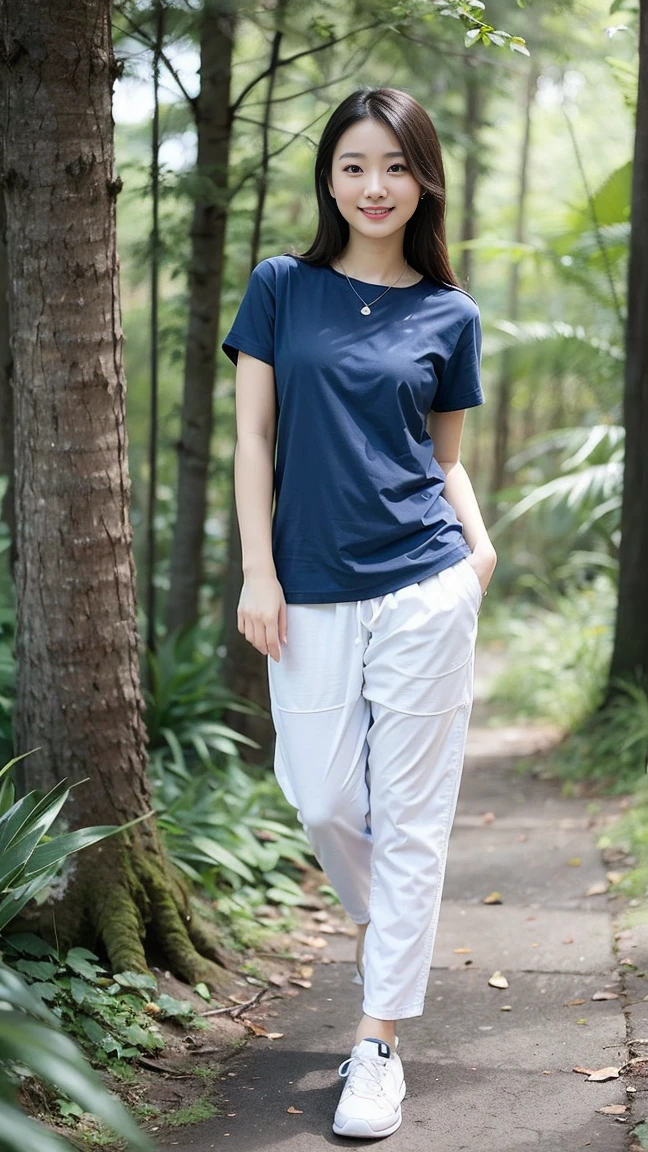 masterpiece, best quality, Surreal, Ultra Detailed, 8k resolution, RAW photos, Clear focus, (A girl in the forest), ((navy blue shirt:1.1)), Short sleeve, Long sweatpants,Full body posture, Solitary, Perfect body, Become a, 32 inches in the chest,(a charming smile:1), (sexy pose),26 years old, light,White shoes