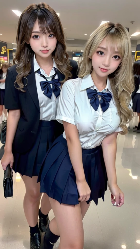 (scene; (2 people:1.8)), Gal, (High school girls 2 people), (Shopping mall, Shopping Street, street, Outdoor), (私を見て Are standingか, Full body portrait, Photograph the whole body, Full body image, Are standing, Spread your legs, Striking a sexy pose), (Thin thighs, length, Thin limbs, Narrow waist), ((Highly detailed skin), Beautiful realistic face, White skin, Pointed Chest, Perfect Anatomy, Realistic eyes, Natural Eyes, Brown eyes, Accurate eye focus, Accurate limbs), (Hyper Realist, Ultra-realistic, 4K, Attention to detail, Ultra-high resolution, highest quality, masterpiece, before, dynamic, boost mood, bold, Sharpness), (Huge breasts:1.5, Cleavage:1.5), (Blonde long hair:1.5, Wavy long hair:1.5, Curly Hair:1.5), (sleek bangs), (Twin tail hair), See-through:1.5(White collared shirt, Pleated mini skirt, Navy color socks, Black Loafers, Ribbon tie), Schoolgirl in uniform, Surreal school girl, expensive, in uniform, smile, Cleavageを強調, Sexy panties are visible, (Are standing Two high school girls:1.8),