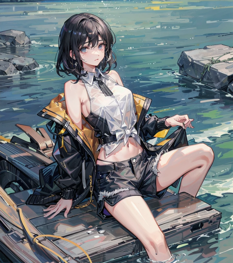 whole body, solo, alone, delicate facial features, medium tits, medium hair, black hair, tearful mole, earring, tank top shirt, cargo pants, shorts, wet,