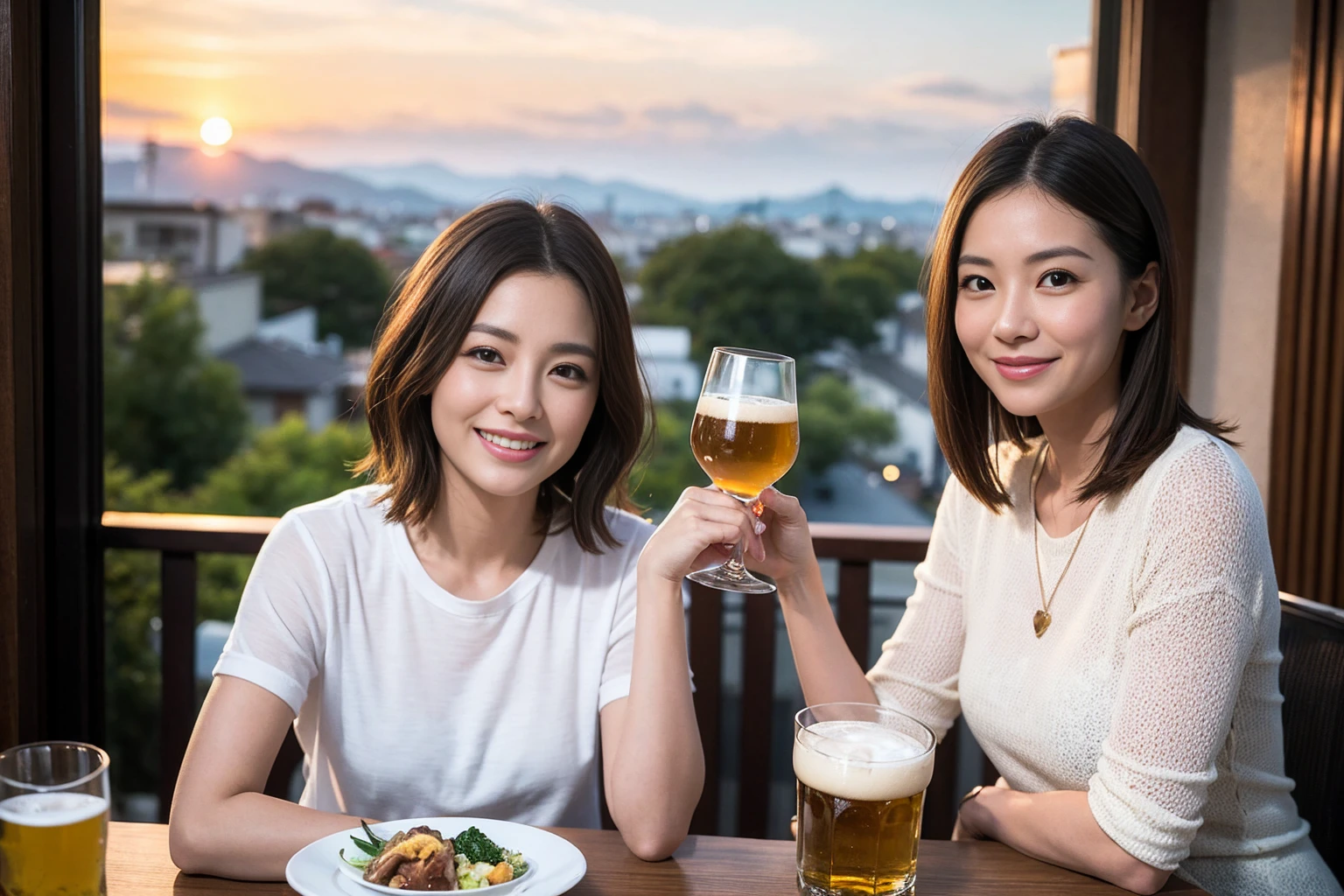 (Realistic:1.1),(masterpiece,Highest quality),8k,(49 years old), 53 years old, ベリーslimボディ、slimカップル、Tight waist,Upper Body,full-course dinner、wine 、Amazing view of the sunset sky and clouds、Perfect Anatomy, Brown Hair, short hair,Random Hairstyles,((Highly detailed face and eyes:1.2)),Perfect golden ratio face,Long sleeve shirt、dress,(smile:1.2)、Shortcuts、cute、(Realistic, Intricate details:1.2), A bright smile、short hair,Bright Face、赤wine 、Appetizers、Italian food、wine bottle、Champagne、スパークリングwine、(slimな顔), (The body is slim), (Brown Hair), (Shortcuts), Upper Body, 白wine, slim, wineグラス,