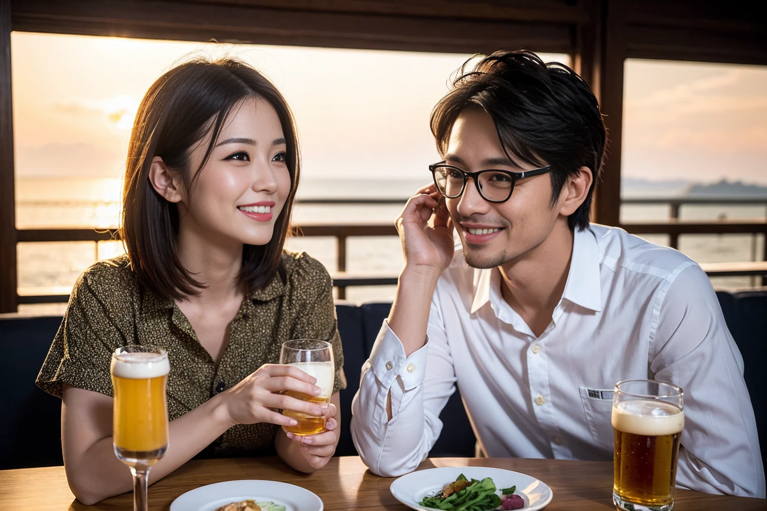 ((highest quality、8k、masterpiece:1.3))、 (Real, Genuine、Face carefully、Bright image、Intricate details:1.2), 最高のsmile、1 male, 1 female、Beautiful couple、Lovers、Japanese couple、A gentle lover、actress、model、smile、Glasses on the table、full-course dinner、Japanese sake,Junmai Ginjo,Sake Glass, Shochu、Beer (Slim face), (the body is slim), (Brown Hair), (short hair), Please put light on my face、 Amazing view of the sunset sky and clouds、 (42 years old), 39 years old, Fashionable shirts,Dress Super Fine Face, Delicate eyes, double eyelid,