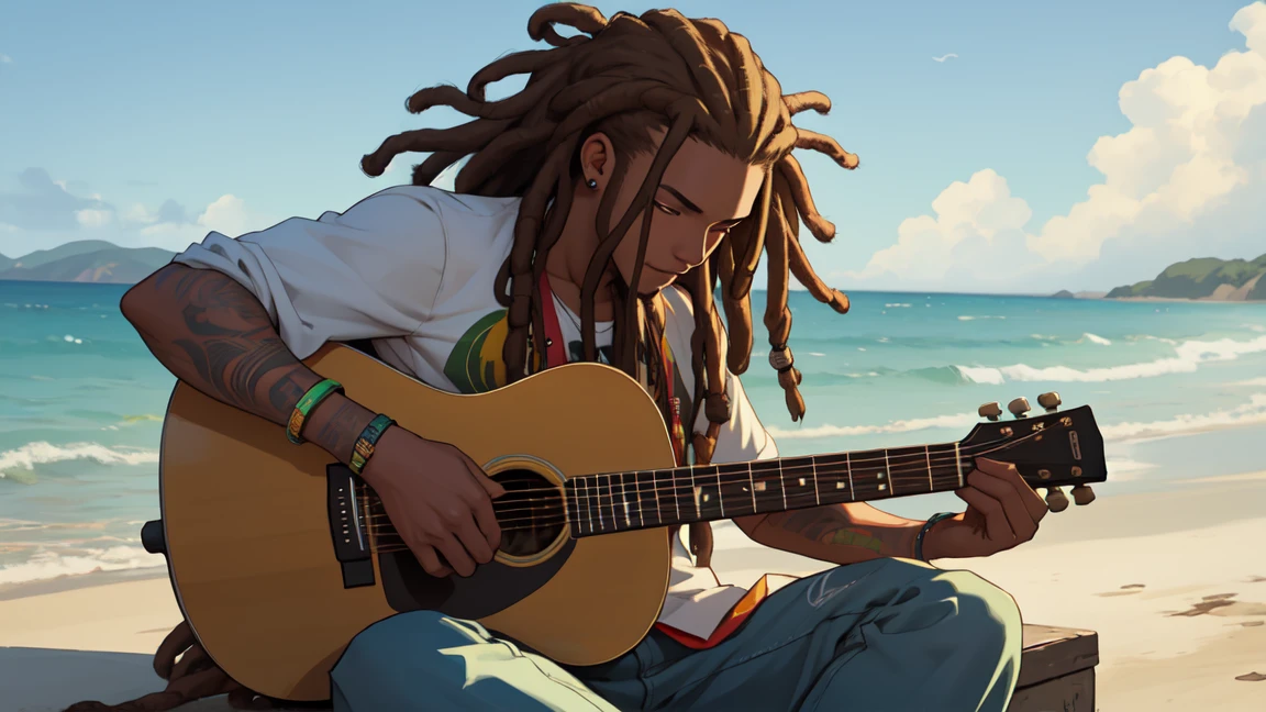 jamaican reggae dJ with dreads sitting on the shore playing guitar jamaican reggae dJ with dreads playing an acoustic guitar in front of the ocean the rap album cover is a picture of the guy with dreadlocks playing the guitar. Please Detailed the image and also the background
