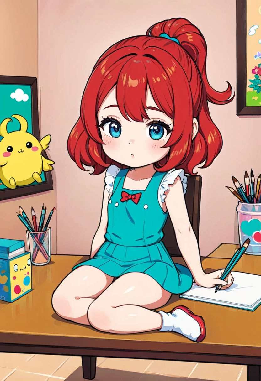 there is a that is sitting at a table with a bunch of stuff, a drawing by Li Song, trending on cg society, process art, cute cartoon character, cute digital art, realistic cute girl painting, cartoonish cute, cute detailed digital art, cute art style, adorable digital painting, cute cartoon, cute kawaii girl, cute cartoon style