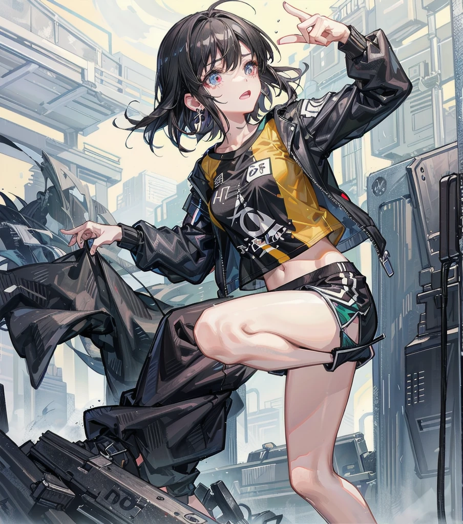 whole body, tearful mole, earring, medium hair, black hair, medium tits, Cropped t-shirt, sportswear, running shorts,