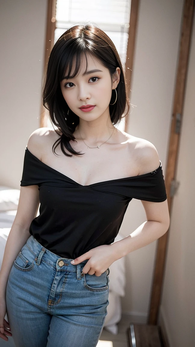 best quality, masterpiece, beautiful and aesthetic, 16K, (HDR:1.4), high contrast, bokeh:1.2, lens flare, (vibrant color:1.4), (muted colors, dim colors, soothing tones:0), cinematic lighting, ambient lighting, sidelighting, Exquisite details and textures, cinematic shot, Warm tone, (Bright and intense:1.2), wide shot, by playai, ultra realistic illustration, siena natural ratio, anime style, a picture from a high angle, a view from above, long Straight black hair with blunt bangs, (a charming smile:1), Gray bracelet, a oversized off-shoulder pink an oversized T-shirt, jeans, playing Gibson bass guitar, a sexy instagram Hot Swiss model, with a tattoo, oversized clevage, Broken Glass effect, no background, stunning, something that even doesn't exist, mythical being, energy, molecular, textures, iridescent and luminescent scales, breathtaking beauty, pure perfection, divine presence, unforgettable, impressive, breathtaking beauty, Volumetric light, auras, rays, vivid colors reflects.