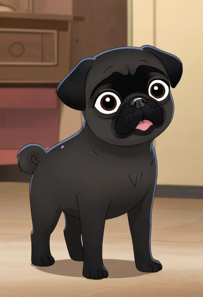 A black-coated pug puppy、(((Frightened face:1.3)))、(Black hair only:1.3)、(No clothes:1.3)、pet Shop、(No collar)
