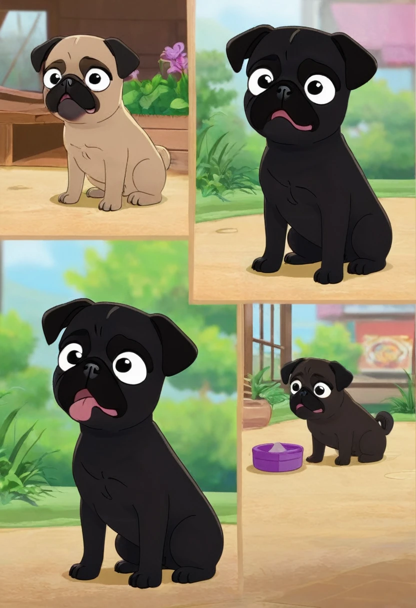 A black-coated pug puppy、(((Frightened face:1.3)))、(Black hair only:1.3)、(No clothes:1.3)、pet Shop、(No collar)