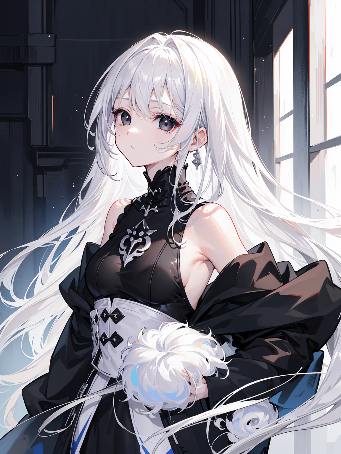 (Top image quality)、(Ultra Detailed)、(Facing forward)、top quality、masterpiece、(((1 girl)))、Silver Hair、white hair、((Long hair))、(black eyes:1.6)、(Fu Xuan:1.0)