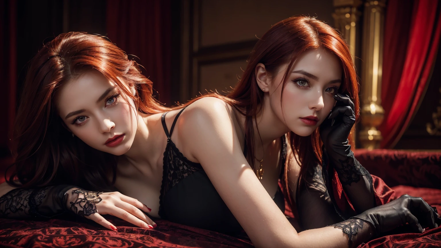 (best quality,4k,8k,highres,masterpiece:1.2),ultra-detailed,(realistic,photorealistic,photo-realistic:1.37),gothic redhead,very sexy,short dress,dark powers,penetrating gaze,intense eyes,flowing red hair,pale skin,powerful aura,dark atmosphere,mysterious background,ominous shadows,stunning beauty,alluring presence,provocative pose,elegant and confident,hauntingly beautiful,whispering secrets,enchanted surroundings,golden necklace,ornate bracelets,black lace gloves,crimson lipstick,piercing stare,vivid colors,subtle lighting,vibrant red hues,mystical ambience, single girl, single person, lied down