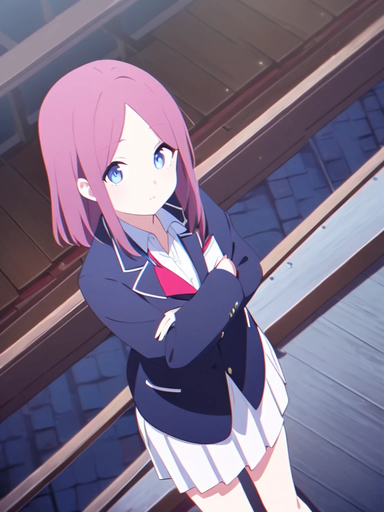 One girl、Standing on a wooden stage、Wearing 、blazer、shirt、skirt、Dark pink hair、blue eyes、Attention posture、blazerを脱いでいる、looking at the camera