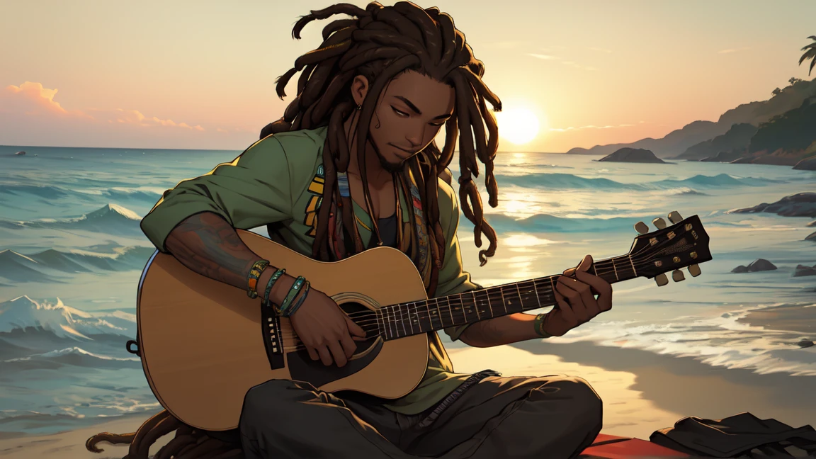 jamaican reggae dJ with dreads sitting on the shore playing guitar jamaican reggae dJ with dreads playing an acoustic guitar in front of the ocean the rap album cover is a picture of the guy with dreadlocks playing the guitar. Please Detailed the image and also the background
