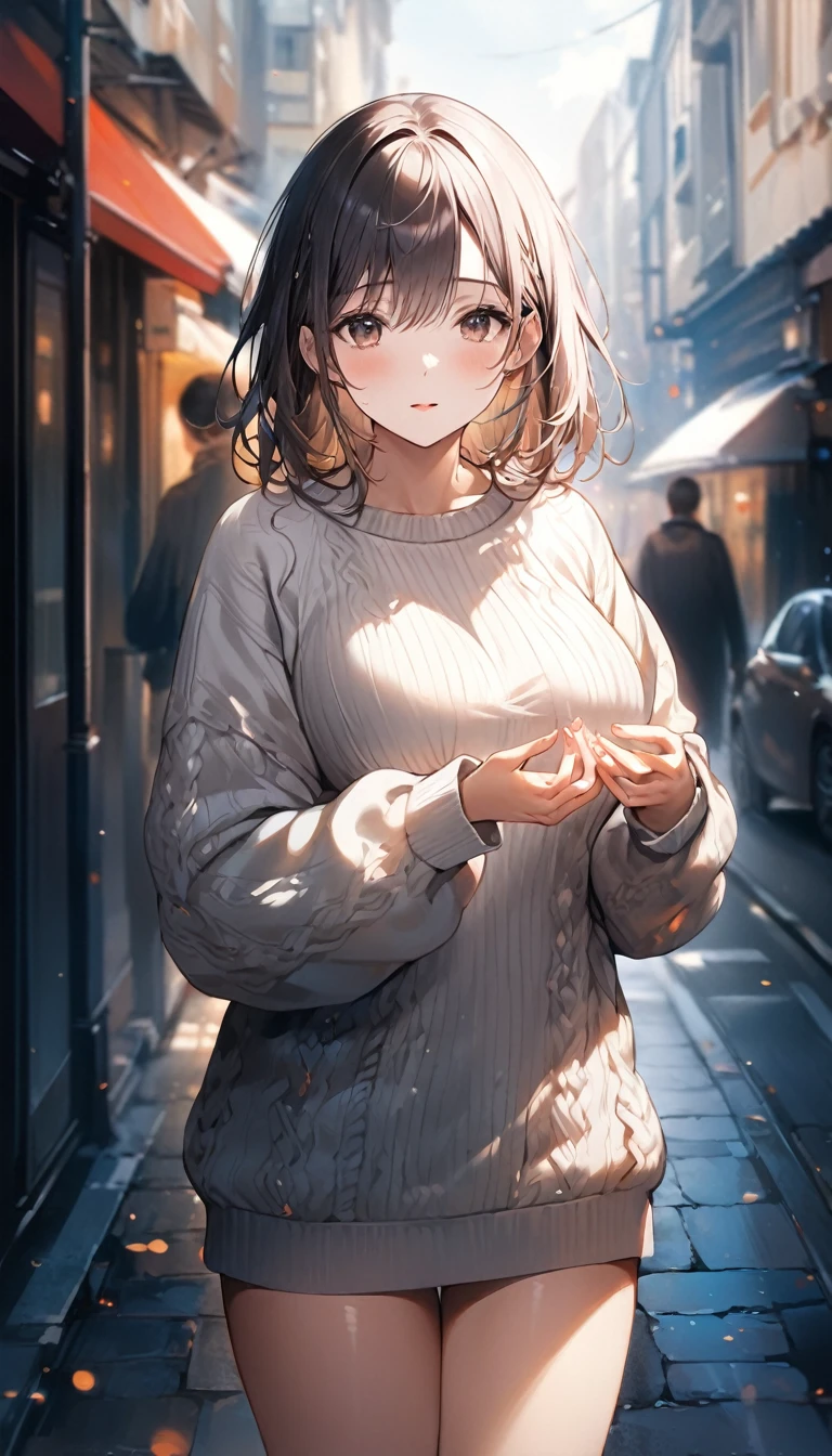 (Masterpiece), (8k size wallpaper), (top quality), Caustics, Detiled、Hyperrealistic Photo、Photorealistic、A girl in a loose sweater is warming her hands in the street and looking in the direction of the camera、Dynamic photos、Wind、Glossy painting、illationgCup-sized breasts、whole body、Cute expression