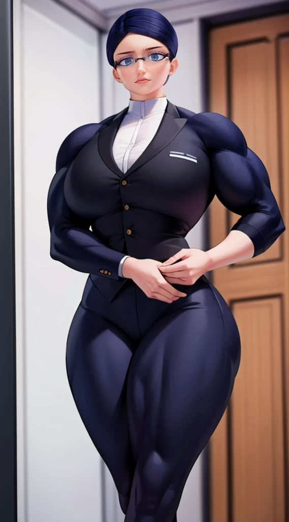 a muscular female bodybuilder in office suit, detailed face, beautiful detailed eyes, beautiful detailed lips, extremely detailed face and muscles, long eyelashes, strong muscles bulging through suit, dynamic pose, professional studio lighting, hyperrealistic, 8k, high quality, photorealistic, physically-based rendering, concept art, dramatic color palette