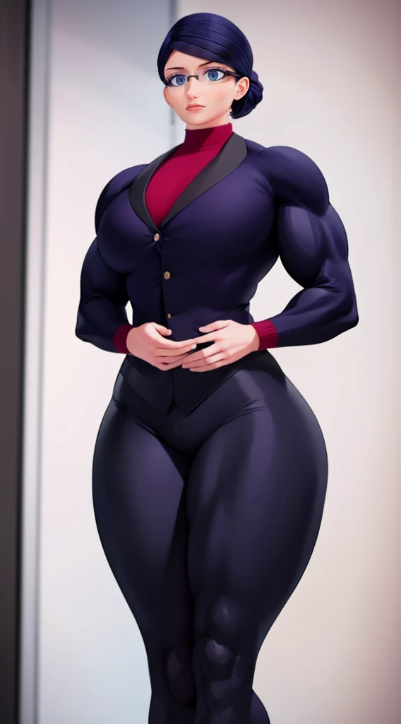 a muscular female bodybuilder in office suit, detailed face, beautiful detailed eyes, beautiful detailed lips, extremely detailed face and muscles, long eyelashes, strong muscles bulging through suit, dynamic pose, professional studio lighting, hyperrealistic, 8k, high quality, photorealistic, physically-based rendering, concept art, dramatic color palette