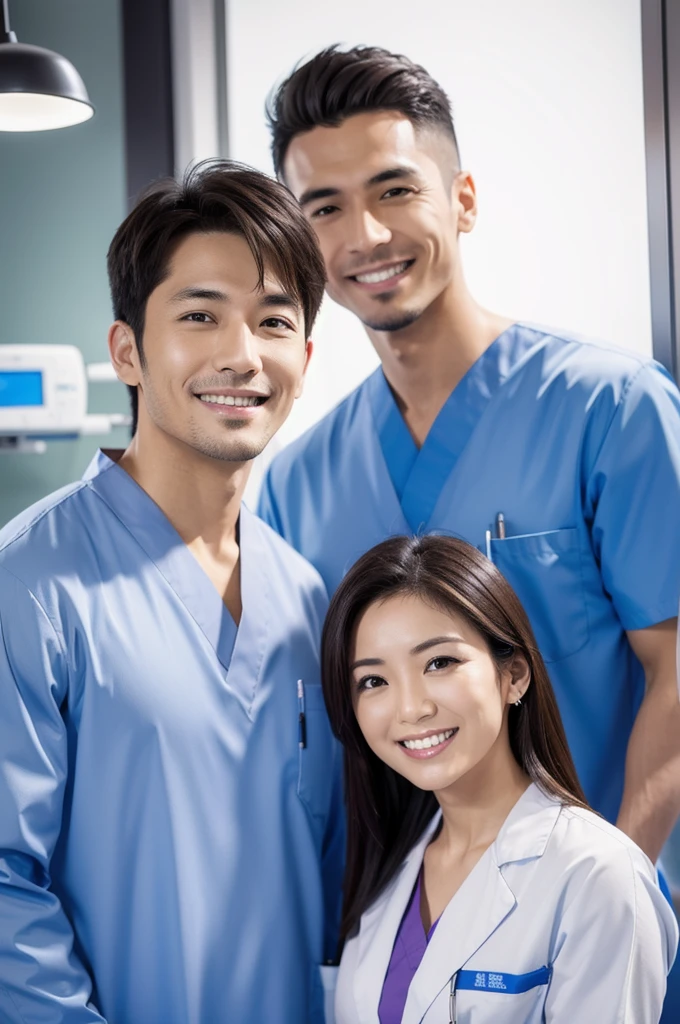 Male dentist and female dental hygienist　２people　A good business partner　日本people　Handsome Men and Beautiful Women　　Upper body close-up　high resolution　high resolution　Highest quality　smile　　Everyone wears black scrubs