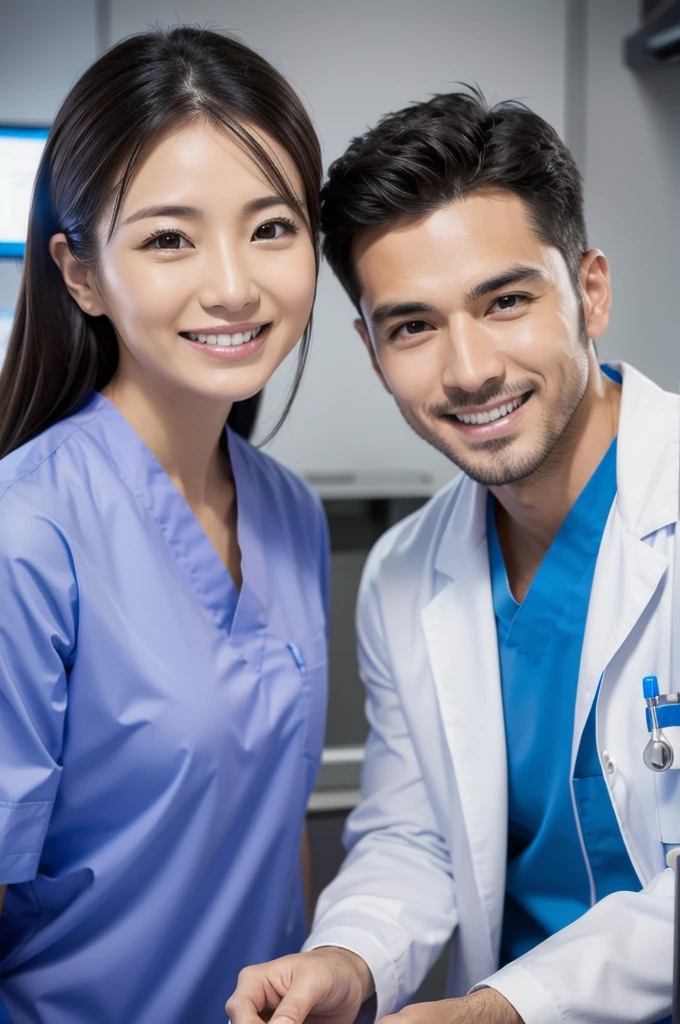 Male dentist and female dental hygienist　２people　A good business partner　No mask　日本people系　Wearing a lab coat　Wearing medical scrubs　Upper body close-up　high resolution　high resolution　highest quality　smile　front　Upper body close-up