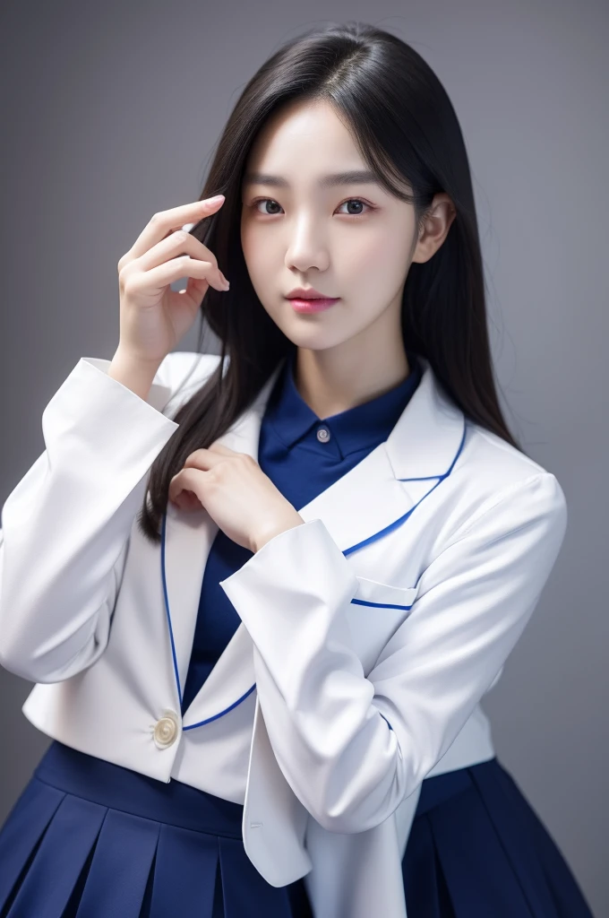 (masterpiece, best quality), 1girl, A beautiful young Korean woman in a white lab coat, wearing (lab coat, blouse, dark blue skirt, stockings) , finger to mouth, (cowboy shot), extremely detailed face and eyes, detailed facial features, intricate details, realistic, photorealistic, photo-realistic:1.37, best quality, 8k, masterpiece:1.2, ultra-detailed, vivid colors, studio lighting, physically-based rendering, ((perfect face))