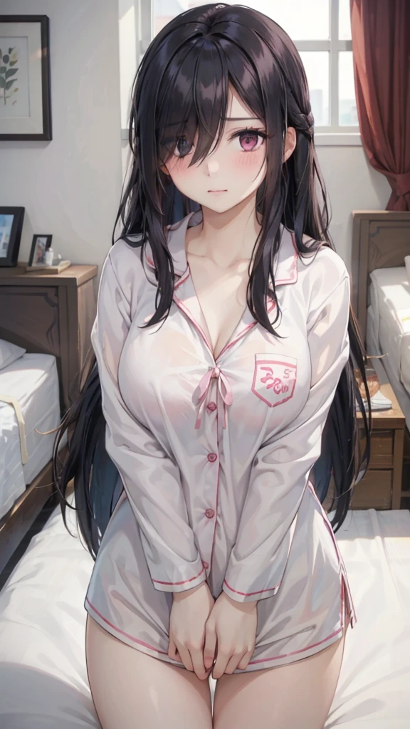 1girl,perfect ,black hair, long hair, (hair over one eye:1.4), messy hair, hair between eyes, chubby,sucking her own nipple, busty breast, cute motif pajama, cute shy blush on , bedroom