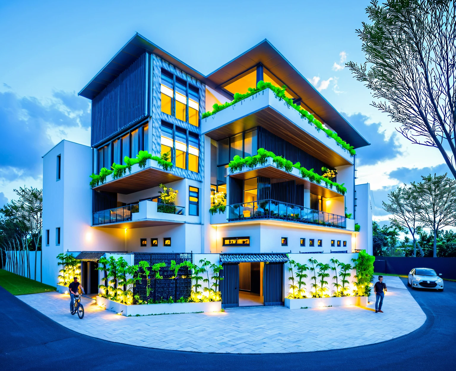 Masterpiece, high quality, best quality, authentic, super detail, outdoors, onestoreyofficeXL, aiaigroup, villa style modern on the garden ,stairs, white wall , road,pavement, grass, trees, sky, cloud, (nightlight:1.1), random style color exterior