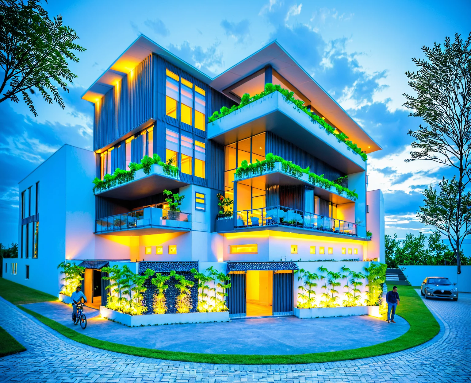 Masterpiece, high quality, best quality, authentic, super detail, outdoors, onestoreyofficeXL, aiaigroup, villa style modern on the garden ,stairs, white wall , road,pavement, grass, trees, sky, cloud, (nightlight:1.1), random style color exterior