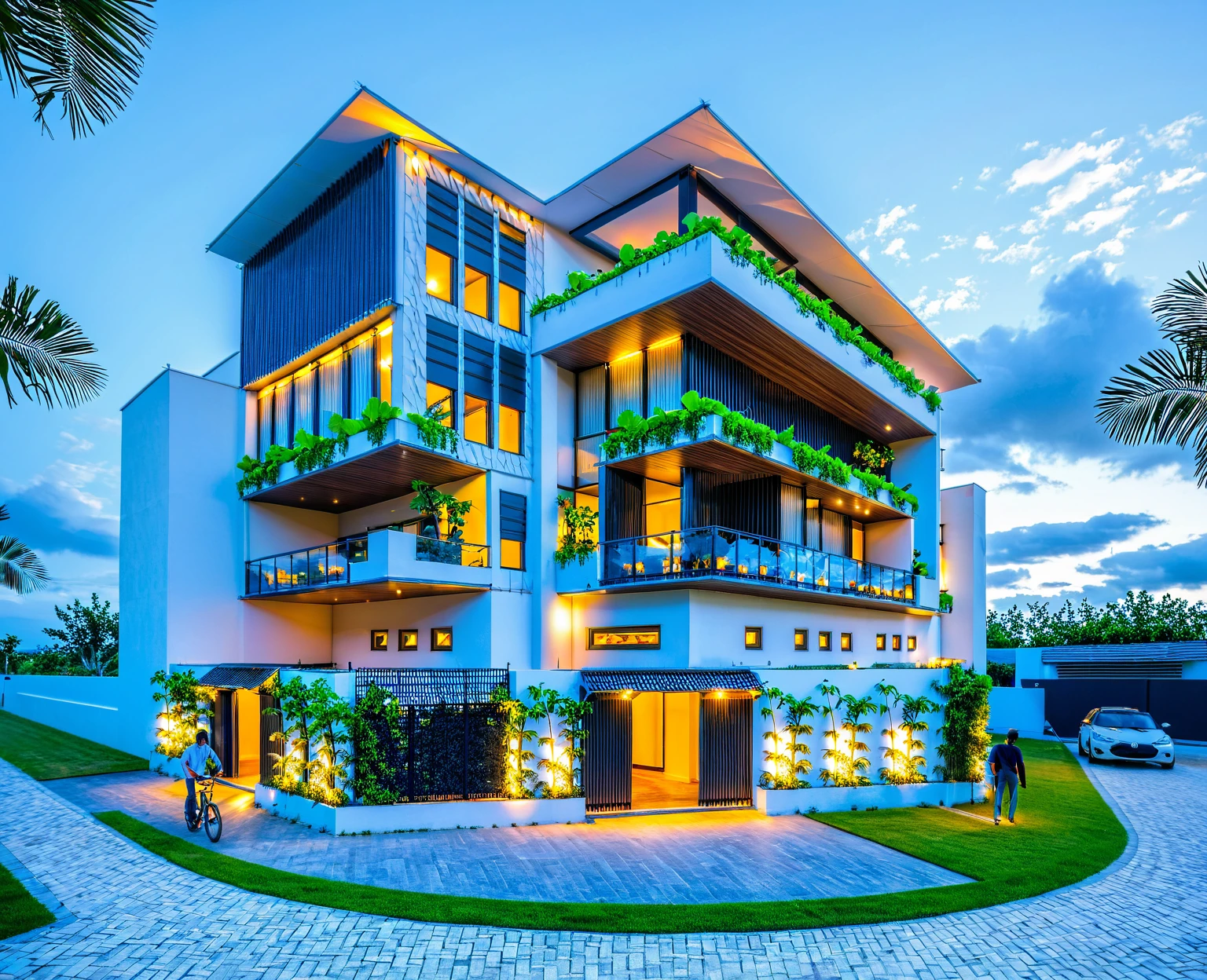 Masterpiece, high quality, best quality, authentic, super detail, outdoors, onestoreyofficeXL, aiaigroup, villa style modern on the garden ,stairs, white wall , road,pavement, grass, trees, sky, cloud, (nightlight:1.1), random style color exterior