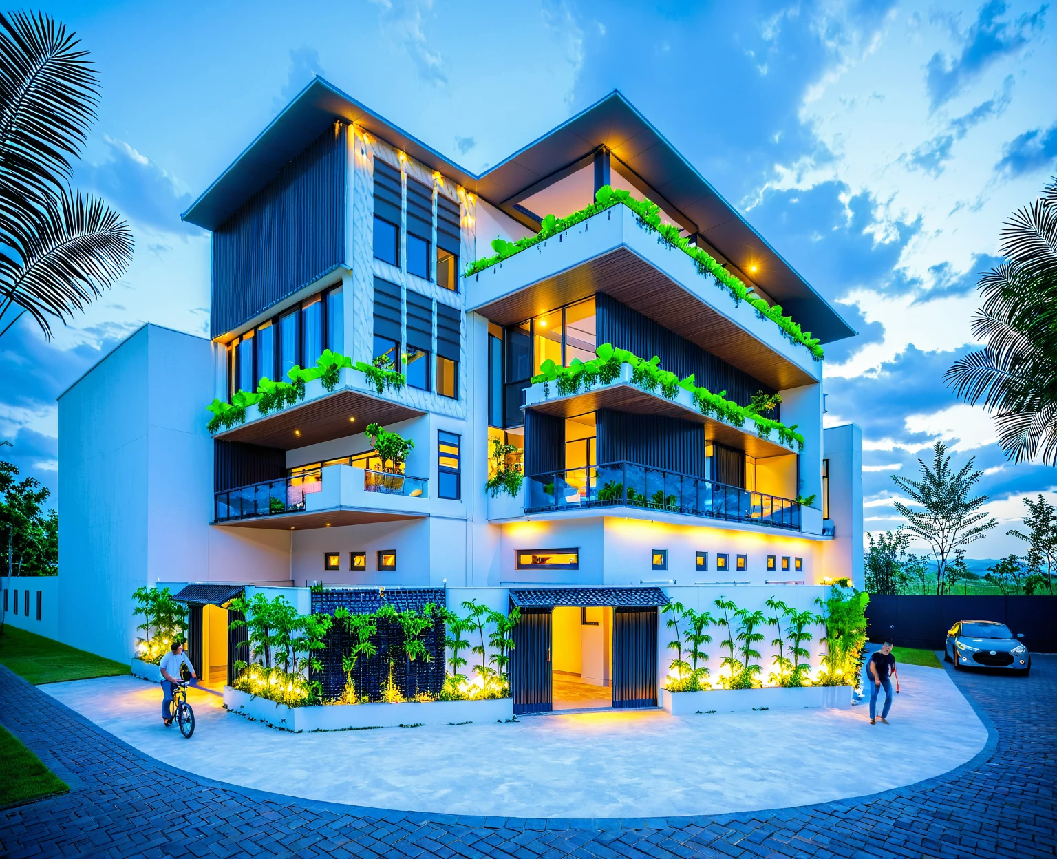 Masterpiece, high quality, best quality, authentic, super detail, outdoors, onestoreyofficeXL, aiaigroup, villa style modern on the garden ,stairs, white wall , road,pavement, grass, trees, sky, cloud, (nightlight:1.1), random style color exterior