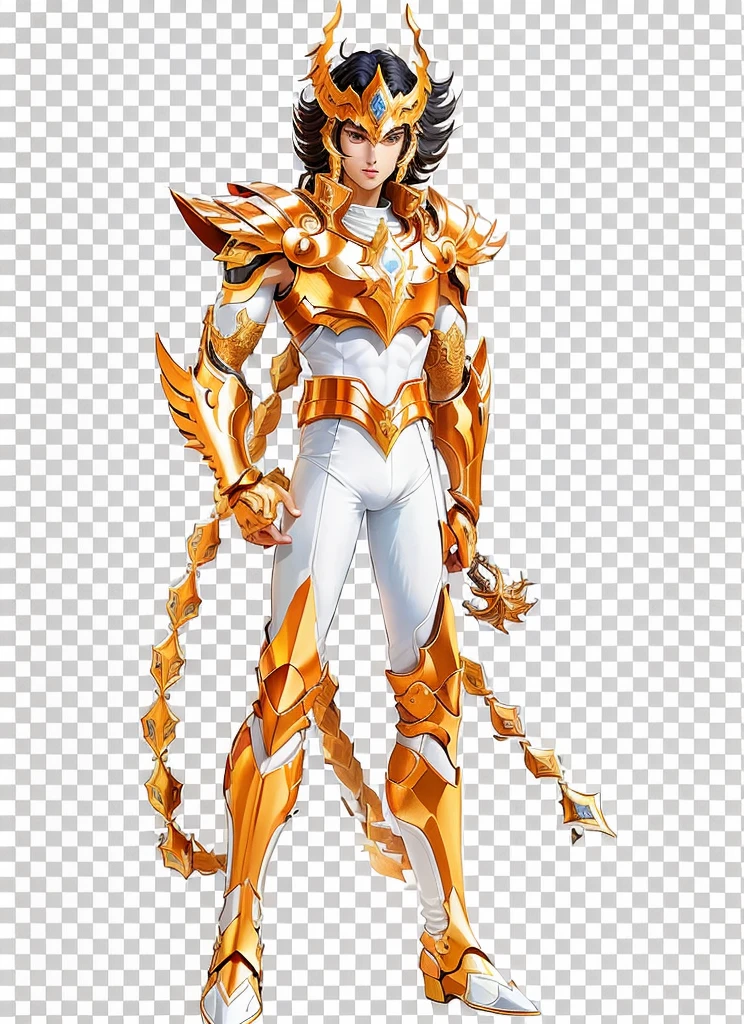Middle East young man, Muscular, a cartoon of a man in a orange armor with white tight without sleeves underneath, saint seiya, human and dragon fusion, unreal engine render saint seiya, official art, full body savage devilman, greek god in mecha style, kentaro miura art style, kentaro miura manga art style, clean cel shaded, knights of zodiac