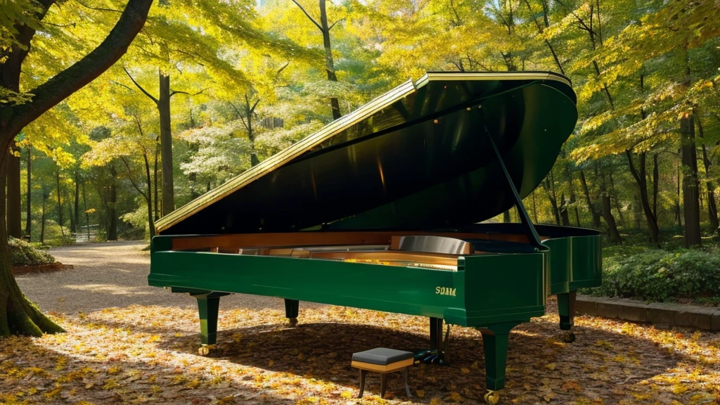 A grand piano placed in a forest of green autumn leaves with sunlight filtering through the trees、The soft sunlight filtering through the trees makes it sparkle.、One grand piano、There is no one、新海誠風のAn illustrationタッチで、粗いanime風に、anime、An illustration、Green fallen leaves