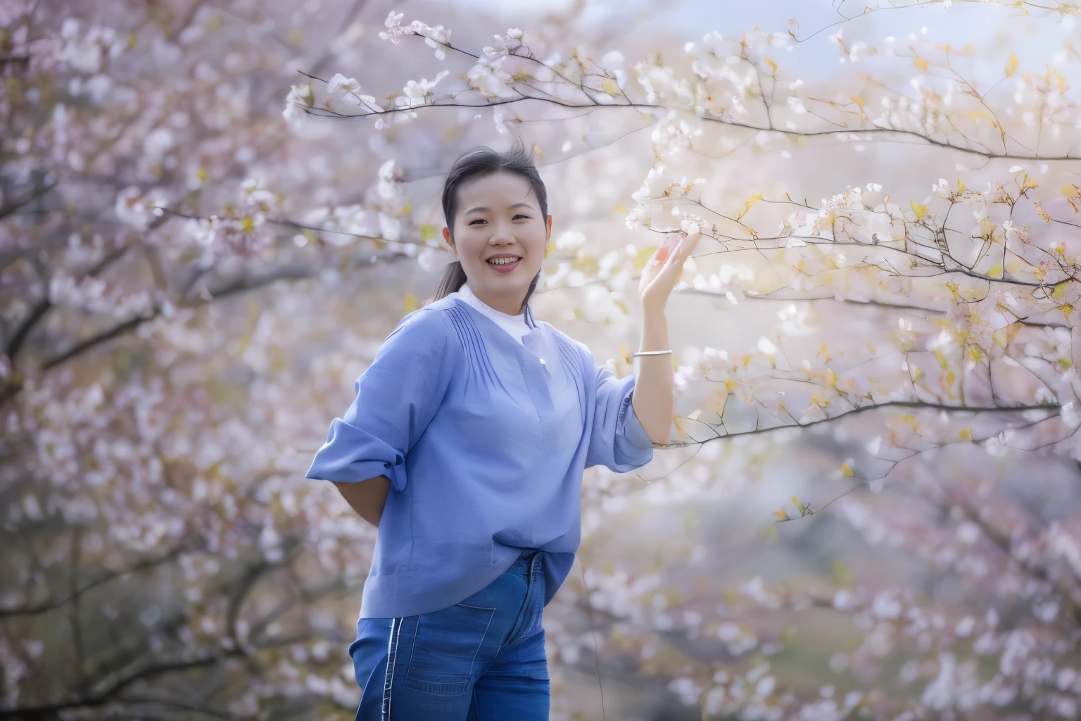 Perfect light and shadow，Perfect details，High-resolution photos，There was a woman standing in front of a tree full of flowers,  Portrait of a 40-year-old woman, Under the cherry blossom tree,  Cherry blossoms in the wind, Cherry Blossom Season, A young Asian woman, 