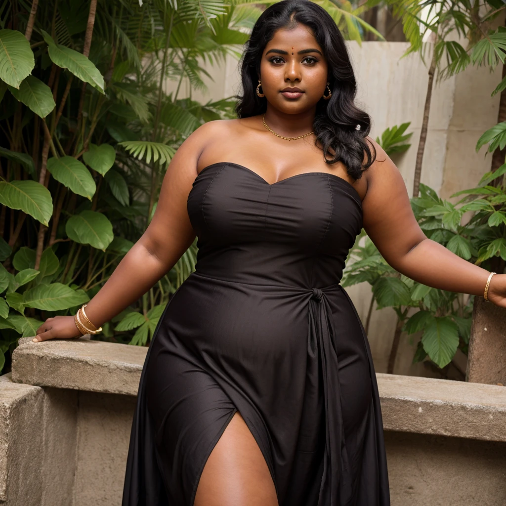 DARK SKIN, South Indian WOMAN, OBESE, FAT, PLUMP, CHUBBY, STRAPLESS DRESS,
