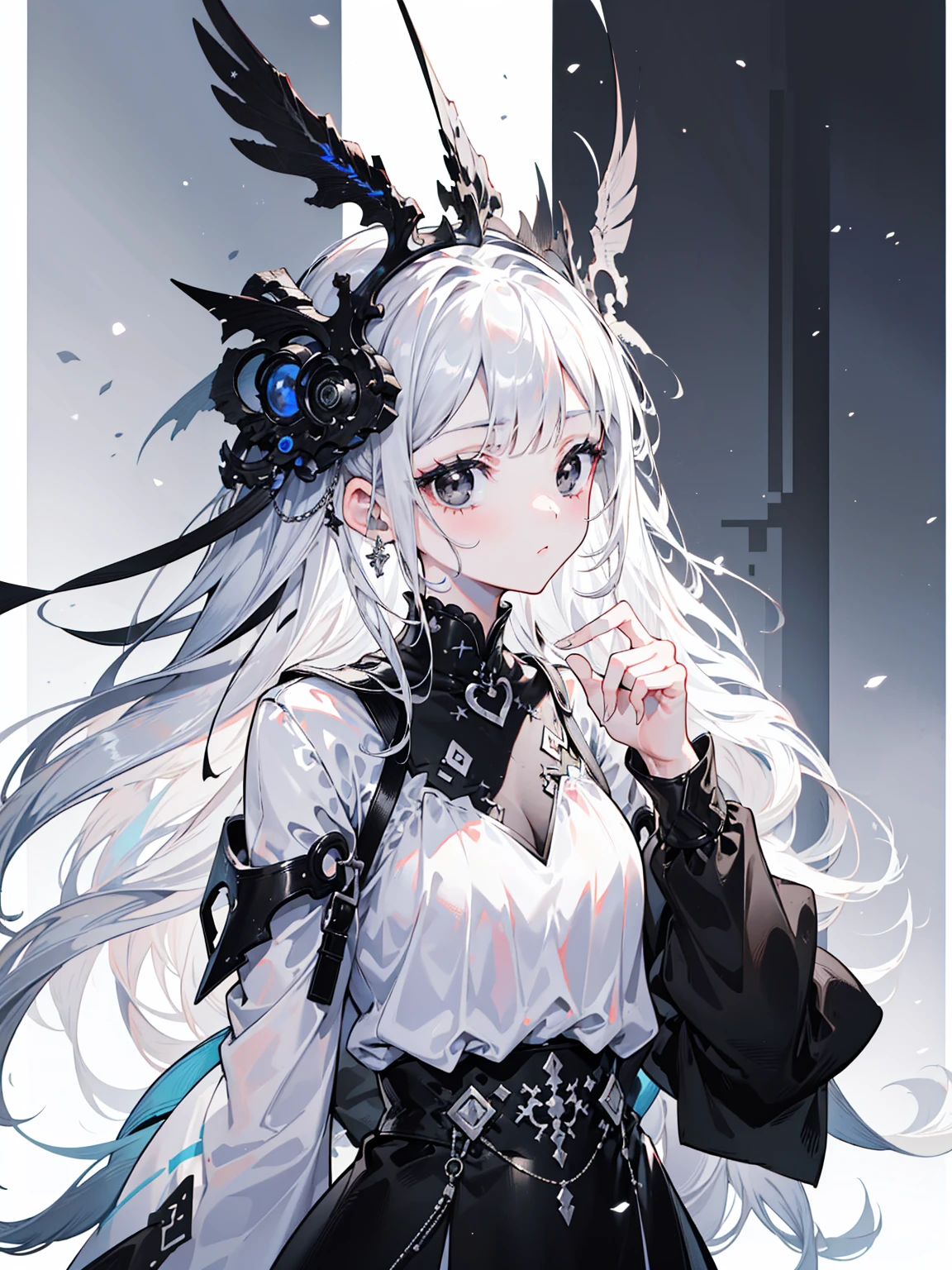 (Top image quality)、(Ultra Detailed)、(Facing forward)、top quality、masterpiece、(((1 girl)))、Silver Hair、white hair、((Long hair))、(black eyes:1.6)