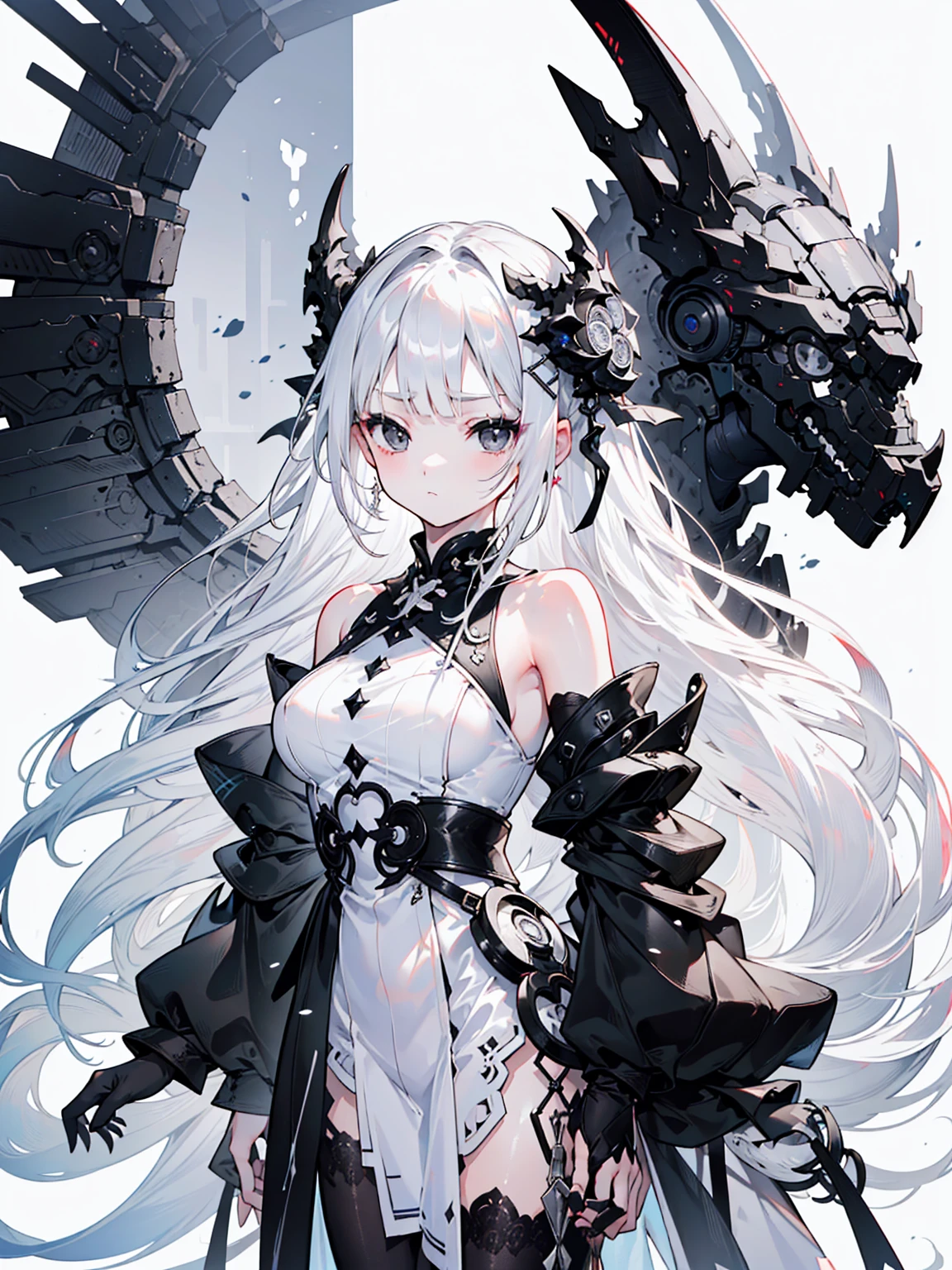 (Top image quality)、(Ultra Detailed)、(Facing forward)、top quality、masterpiece、(((1 girl)))、Silver Hair、white hair、((Long hair))、(black eyes:1.6)
