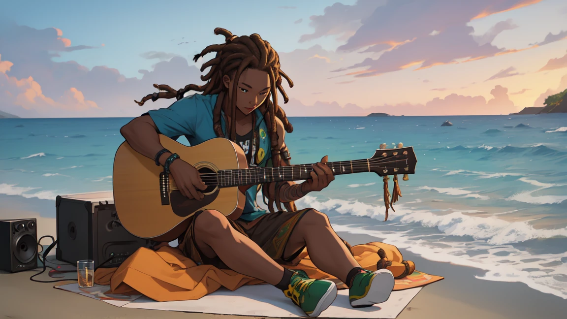jamaican reggae dJ with dreads sitting on the shore playing guitar jamaican reggae dJ with dreads playing an acoustic guitar in front of the ocean the rap album cover is a picture of the guy with dreadlocks playing the guitar. Please Detailed the image and also the background
