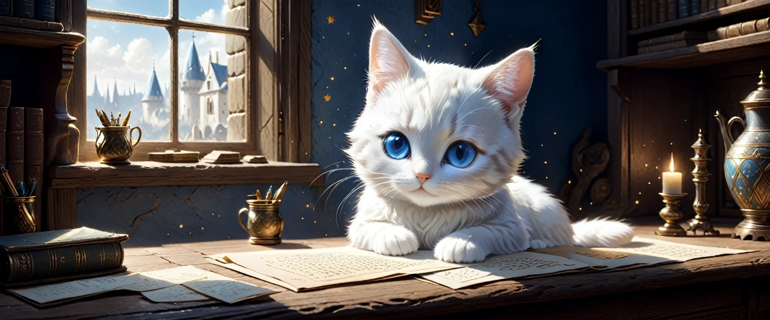 C4tt4stic, the historical background is medieval Europe, illustration of a small and cute creature, a cute creature is writing a letter alone in his room at home, fantasy art, exquisite details, Jean-Baptiste Monge style, Alan Lee style, anthropomorphic white cat with blue eyes, movie scene, dramatic shot angle, atmospheric particles, realistic, raw cinematic photorealism, action portrait, 8k, detailed, full frame