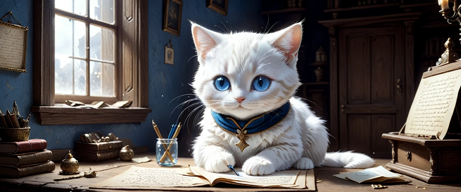 C4tt4stic, the historical background is medieval Europe, illustration of a small and cute creature, a cute creature is writing a letter alone in his room at home, fantasy art, exquisite details, Jean-Baptiste Monge style, Alan Lee style, anthropomorphic white cat with blue eyes, movie scene, dramatic shot angle, atmospheric particles, realistic, raw cinematic photorealism, action portrait, 8k, detailed, full frame
