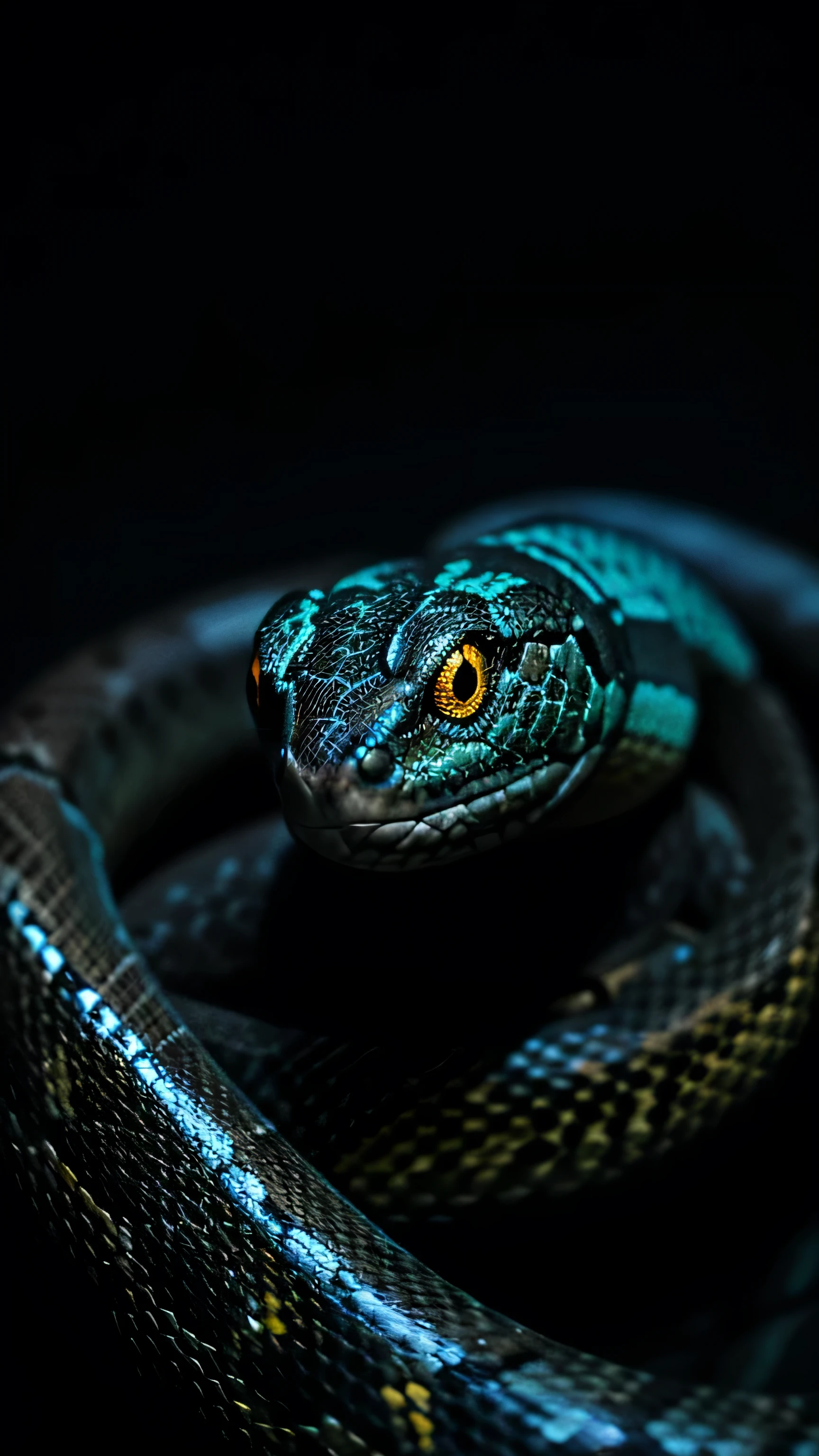 A photograph capturing the glowing eyes of a snake in the darkness of the night, emphasizing its nocturnal nature.