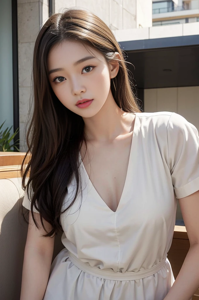 Photorealistic and high quality。Sharper image quality。Sunny hotel balcony。Close-up of face。The light is on my face。She is leaning forward to show off her chest.。Showing profile。Golden wavy hair。No makeup。Beautiful 15 year old Korean girl。Wearing a black shirt。The corners of the mouth are raised。
