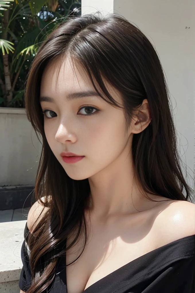 Photorealistic and high quality。Sharper image quality。Sunny hotel balcony。Close-up of face。The light is on my face。She is leaning forward to show off her chest.。Showing profile。Golden wavy hair。No makeup。Beautiful Korean girl。Wearing a black shirt。The corners of the mouth are raised。