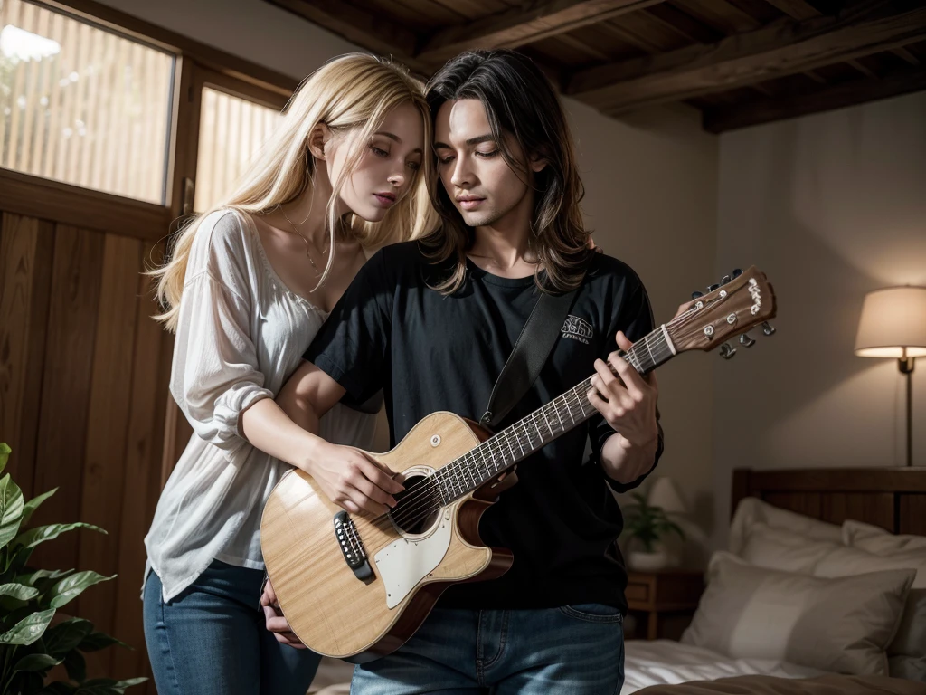 Please generate one male and one female。A woman is playing the guitar and singing while looking at me.。A man is teaching a woman how to play the guitar while looking at her kindly.。In a girl's manga style、I'd like half of both please.