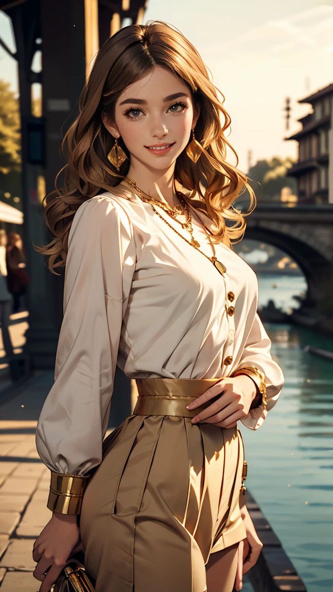 Claude Monet 、Dolceacqua Bridge、white long sleeve button up blouse_brown pleated uper long brown hair,Hair with loose waves insid、gold necklace_Large earrings、shy smile、