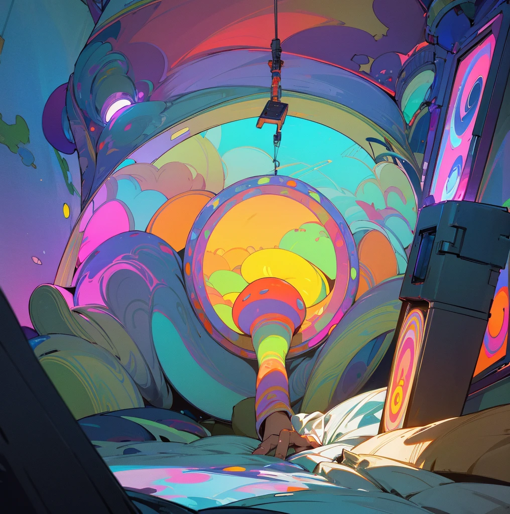 A man lying on a bed in a bedroom, with a TV, a large psychedelic mushroom, and a dimensional portal. The scene is quite complex.