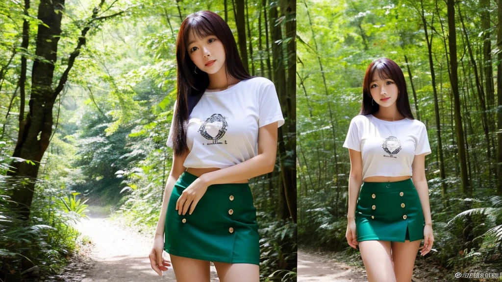 Lookbook big  asian girl wearing tight t-shirt short skirt standing in the forest