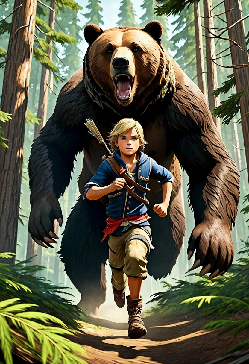 En la imagen, We see a young 10-year-old Edward Kenway running at full speed through a thick coniferous forest. His face reflects fear and determination as he is closely pursued by a towering brown bear.. The bear&#39;s dark, shiny fur contrasts with the deep green of the trees and the moss-covered ground.. Broken branches and leaves flying in the air give the feeling of movement and tension in the scene. Edward lleva puesta su camisa blanca y pantalones azules, His hands now dirty and scratched by the desperate race. The sun filtering through the treetops illuminates the scene with a golden light, creando un ambiente de peligro y adrenalina.