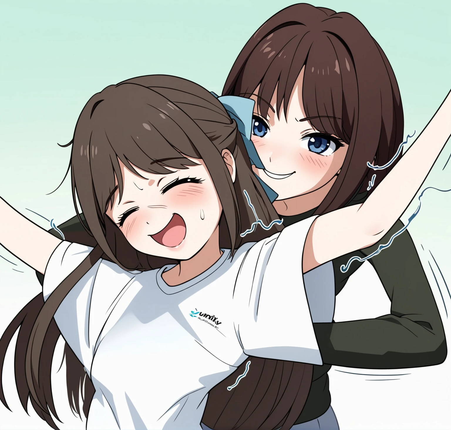 two extremely delicate and beautiful girls,Girl in white shirt raising her arms,The other girl put her hand into the sleeve of the girl in the white shirt with a sly smile,(laughing:1.4),(big mouth:1.1),open mouth,happy,(frown:1.3),crazy smile,(pain face:1.2),blush,tears,sweat,(tickling armpits),((trembling)),(((masterpiece))), (((best quality))), (official art), ((extremely detailed CG unity 8k wallpaper)), (Best character details), ((ultra-detailed)), (illustration), (dynamic angle),